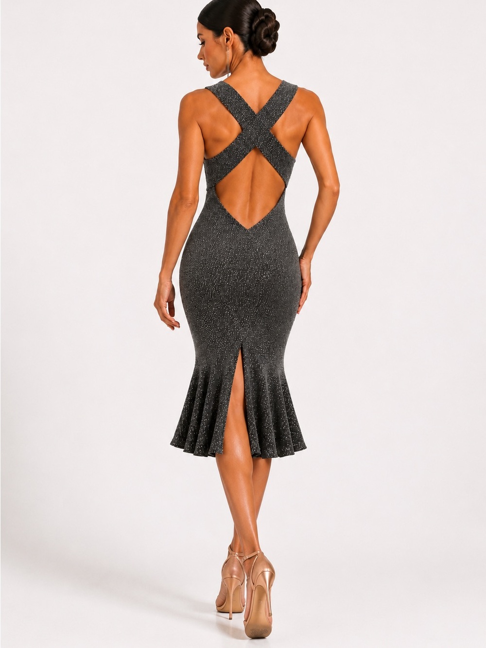 Open X-Back Dance Dress Tango Dress Charcoal Silver - Roxana Vincelli